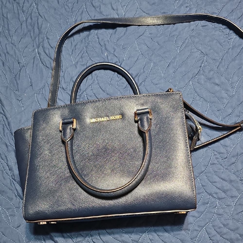 Michael Kors Selma Saffiano Leather Dark Blue Navy Satchel New With COA
